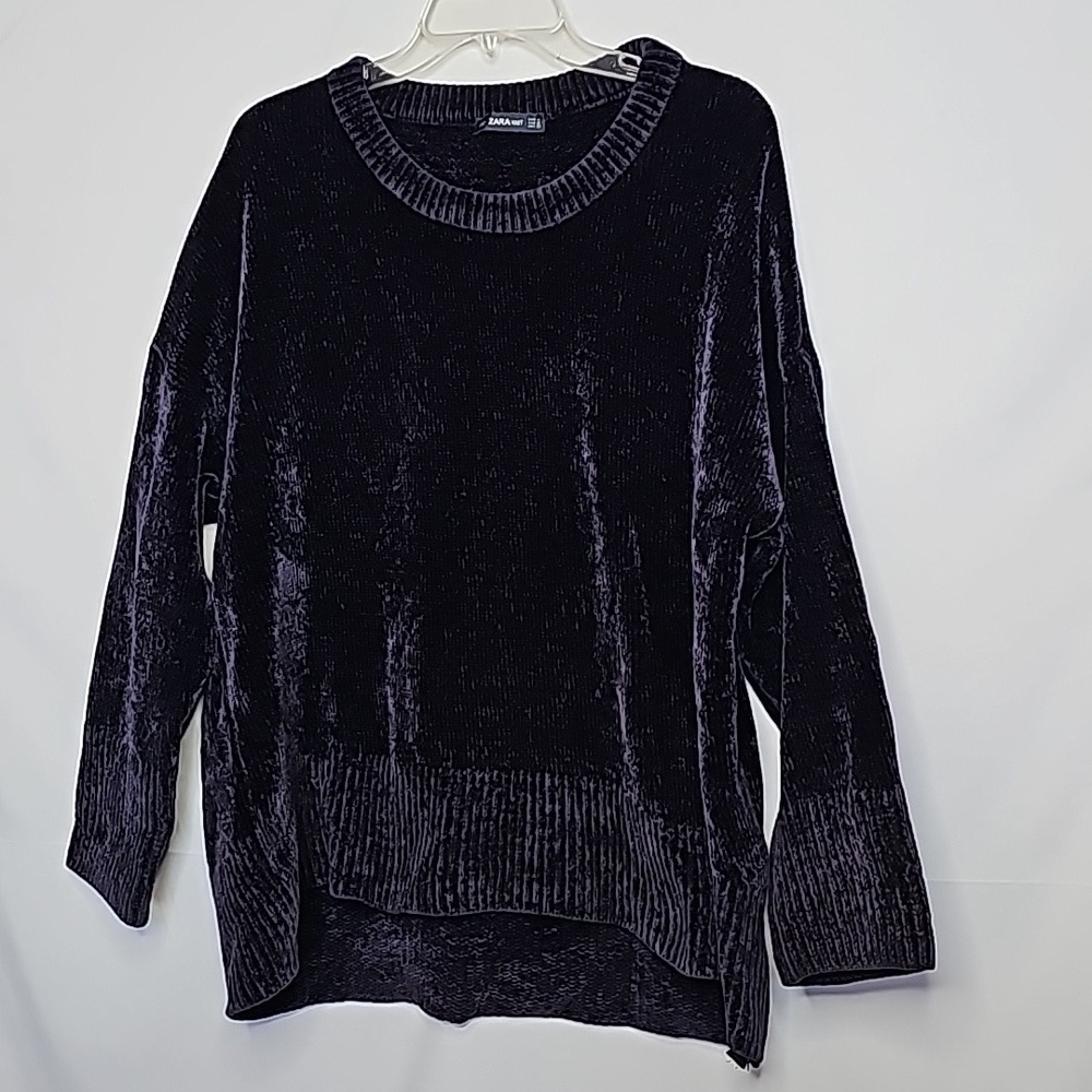 Zara knit drop shoulder Vintage oversized Chenille soft high low blue sweater M